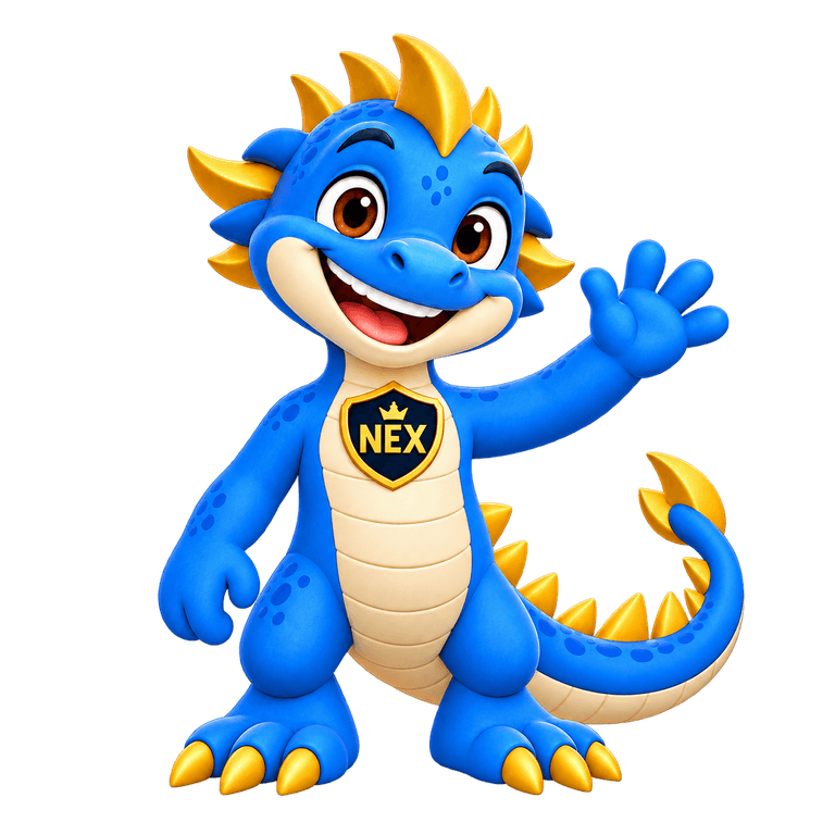 Nex, the blue and gold Nexus Masters mascot